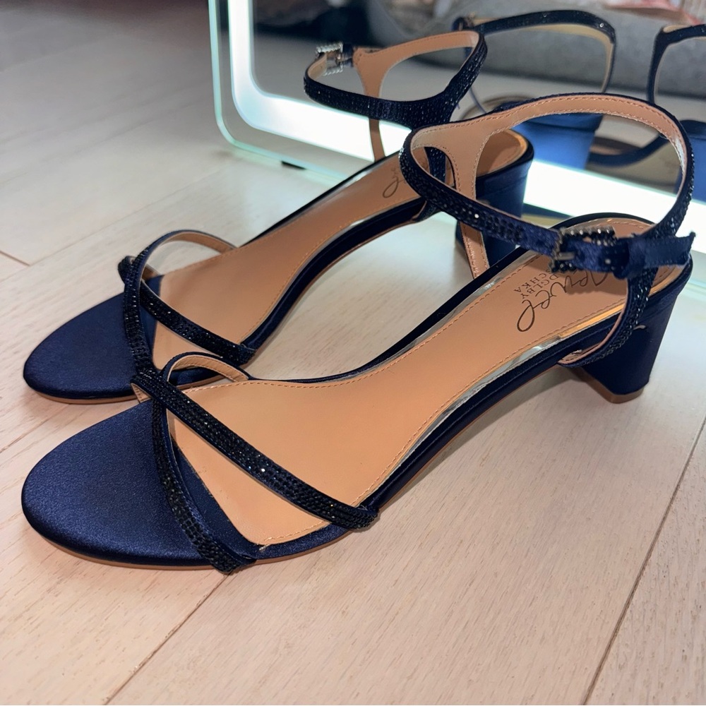 Jewel by Badglby Mischka Navy Diamanté Shaved Block Heel Strappy Sandals